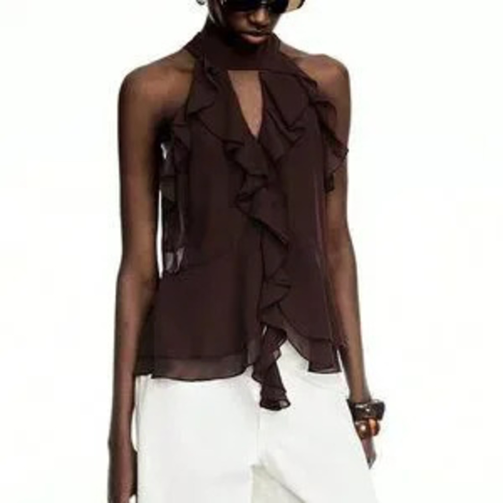 Coffee Brown Casual Women's Ruffle Chiffon Halter Top With Tie C Boho Style - Picture 4 of 7